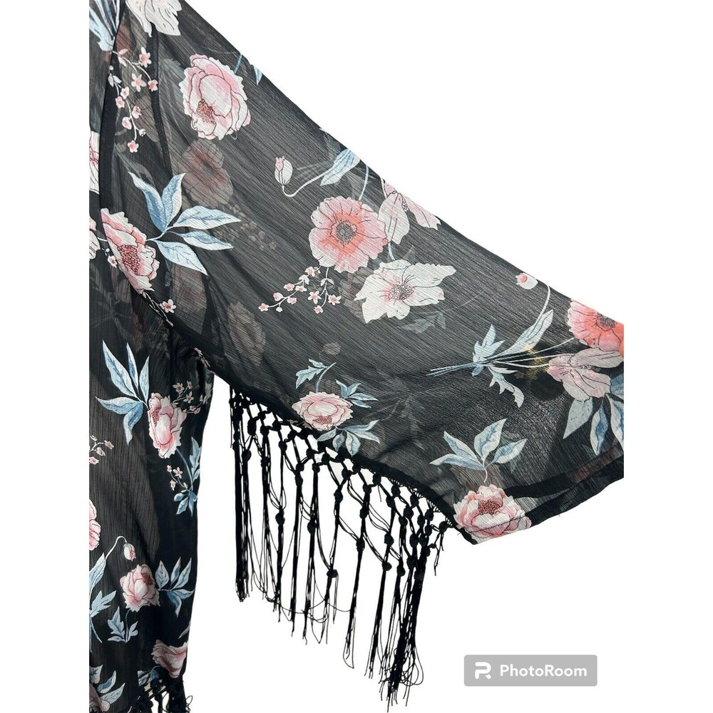 Torrid Floral Fringe Trim Sheer Half Sleeve Kimono Coverup Size 1/2 - Picture 5 of 9